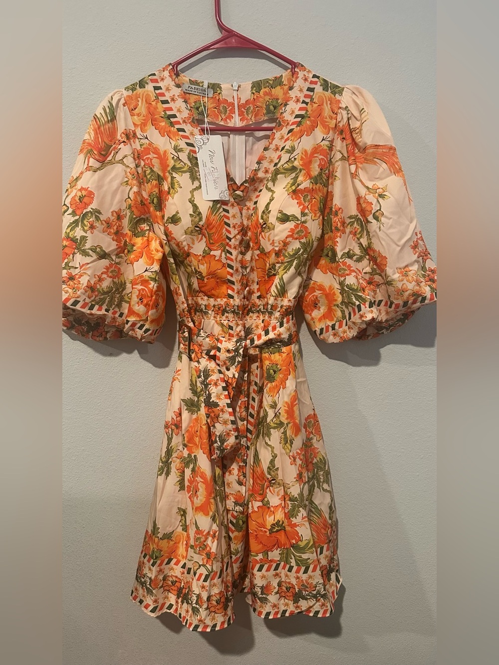Orange Floral Puff-Sleeve Belted Dress